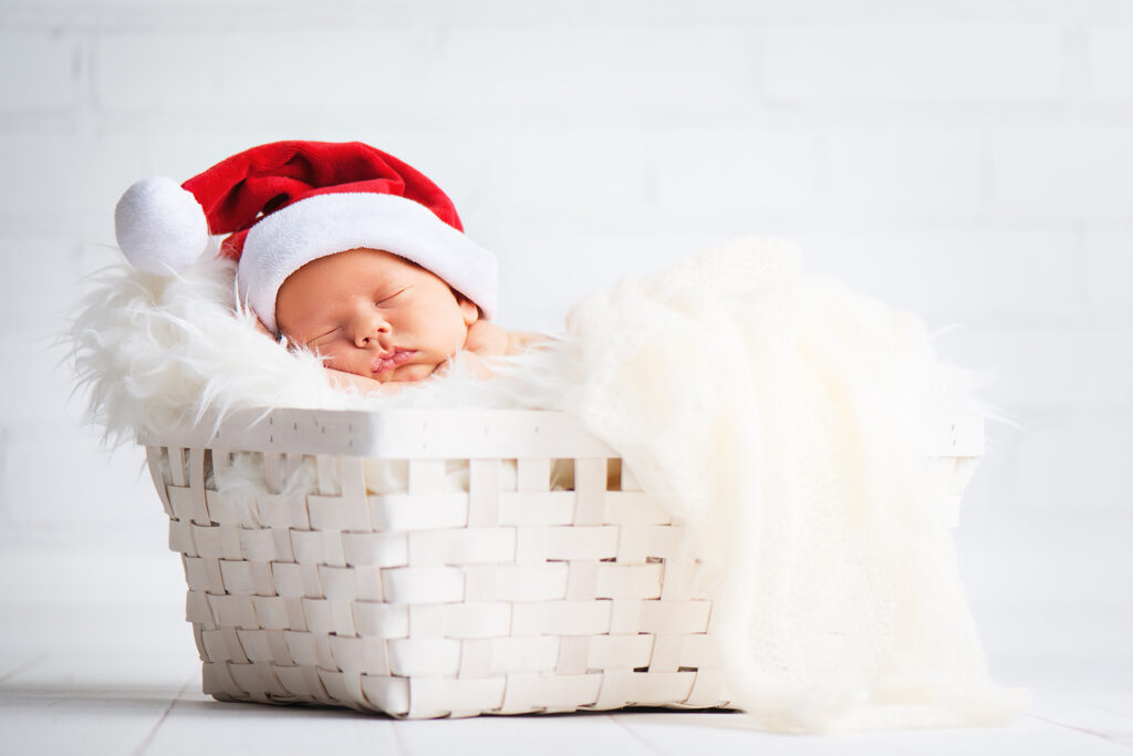 Newborn Santa Outfit in White Basket Christmas Session